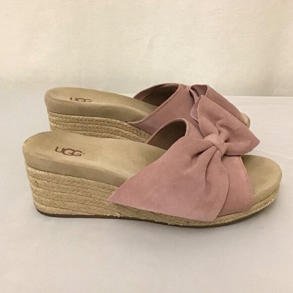 UGG 8.5 Jaycee Suede Rose Pink Bow Women’s Espadrille Wedge Sandals Shoes - Picture 11 of 12